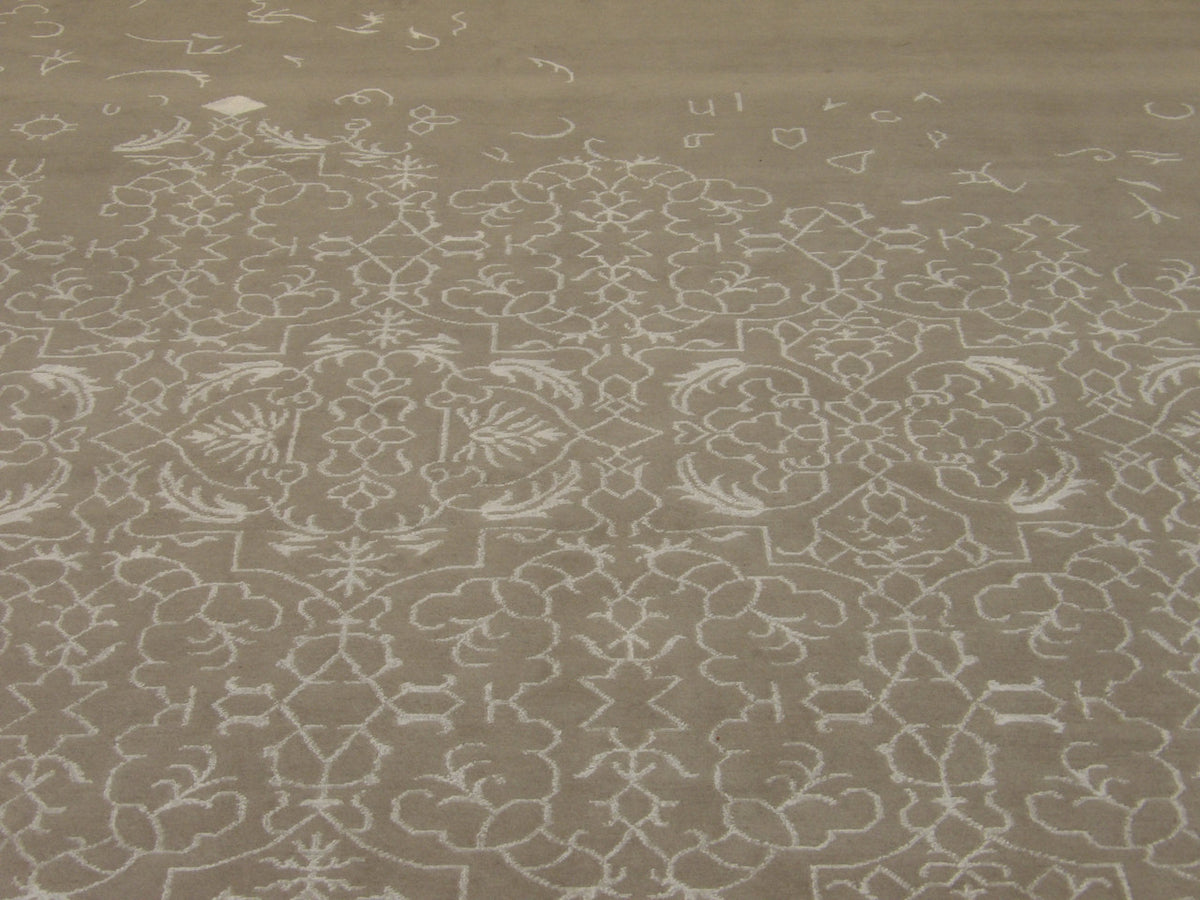 Back of hand-knotted broken design rug showing construction
