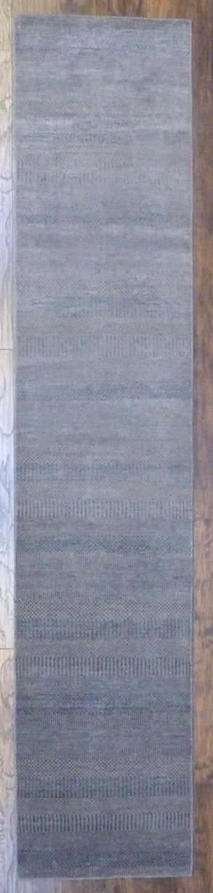 Modern grass design hand-knotted wool-silk runner in blue and gray, full view