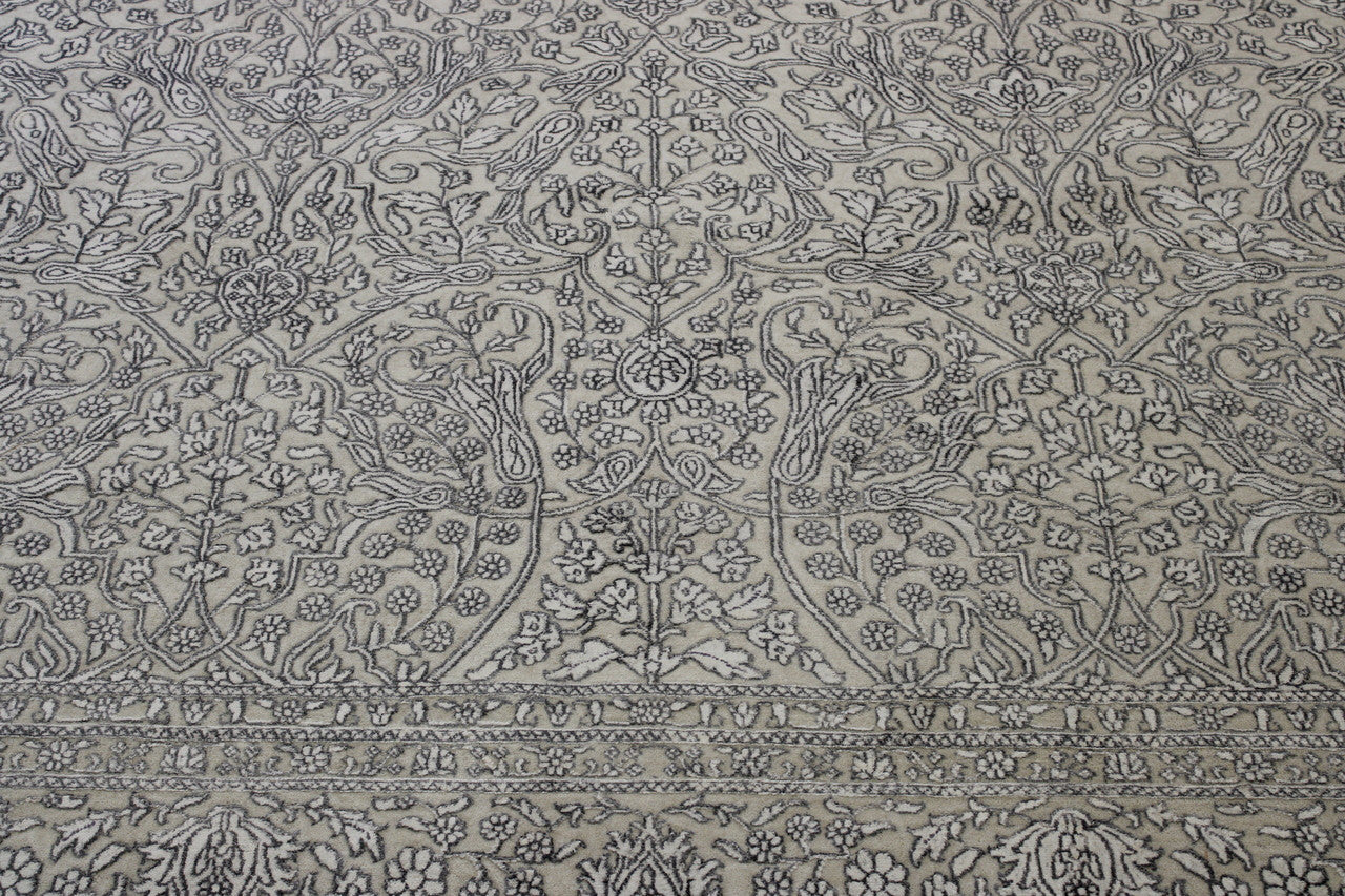 Close-up of wool-silk pile, Blue & White rug