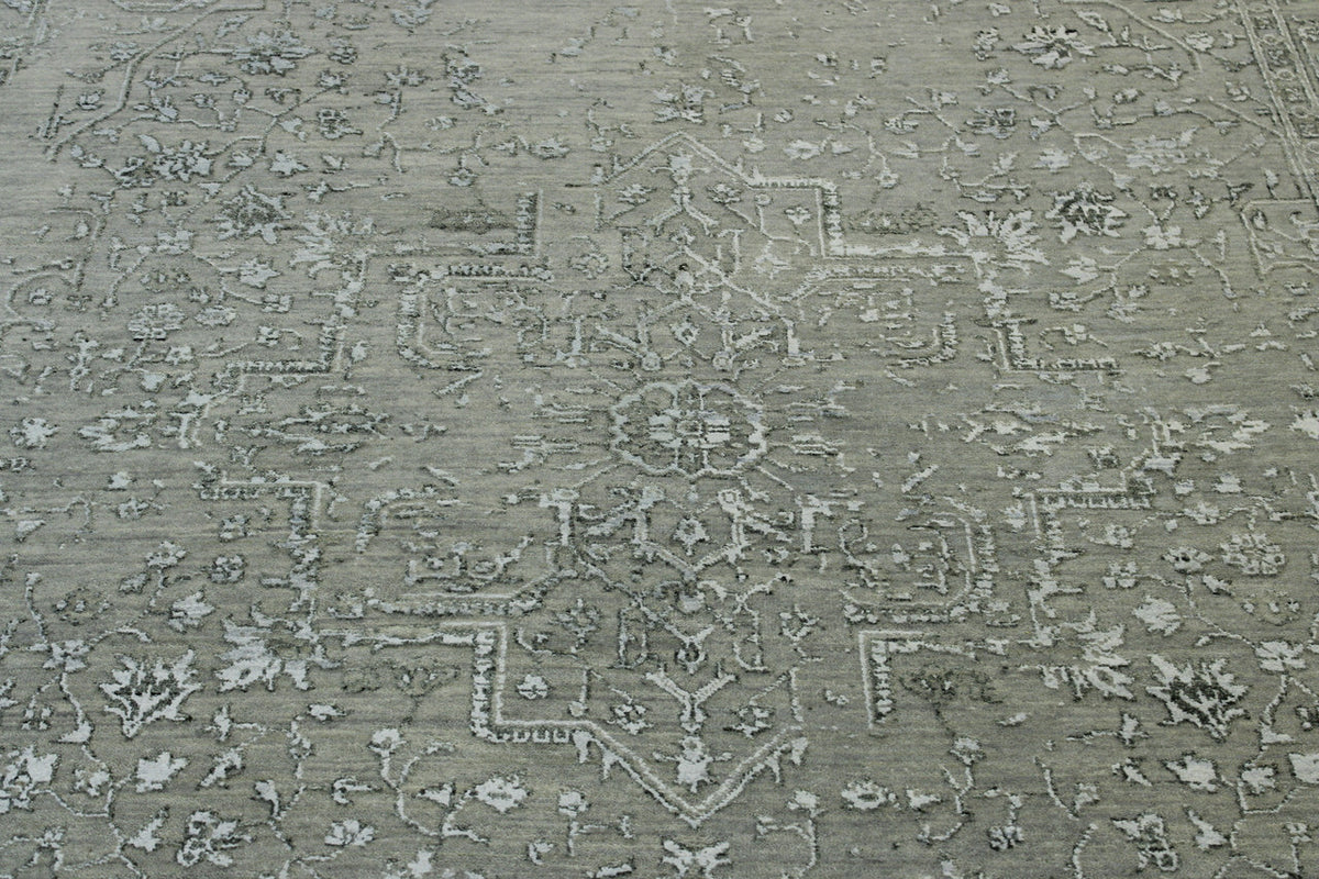 Blue & Gray Transitional Broken Heriz Design rug in room setting