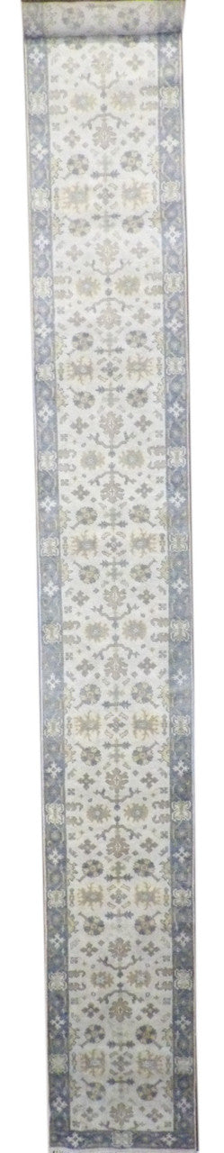 Turkish Oushak hand-knotted wool runner in gray and beige, extra long, full view