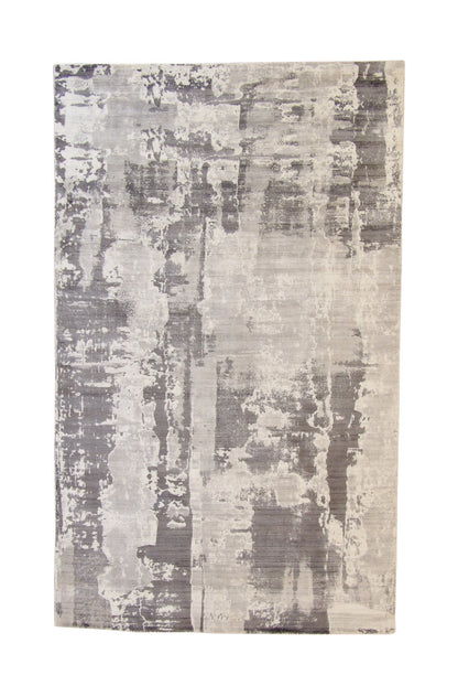 Modern Abstract Design hand-knotted silk rug in Gray & White, full view
