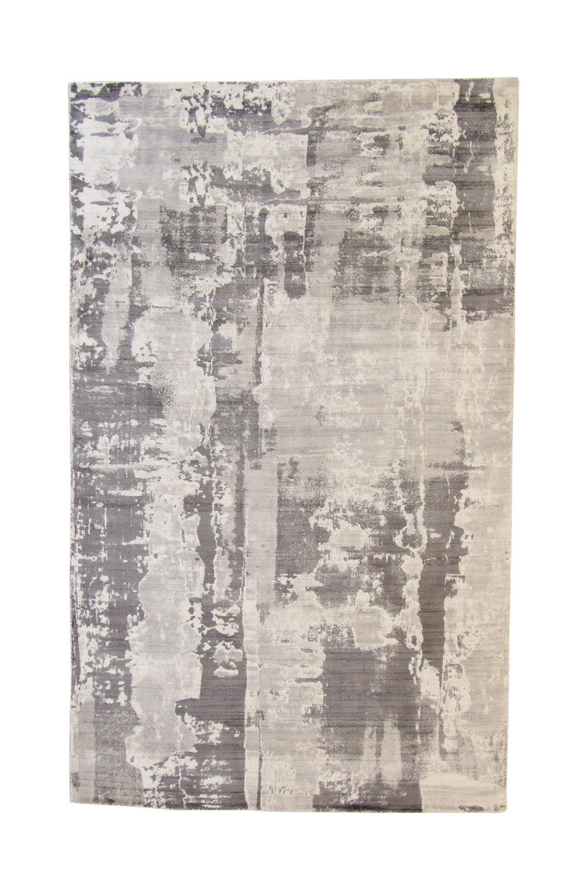 Modern Abstract Design hand-knotted silk rug in Gray & White, full view