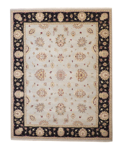 Oushak Indo Agra Chobi hand-knotted wool rug in Black & Blue, full view
