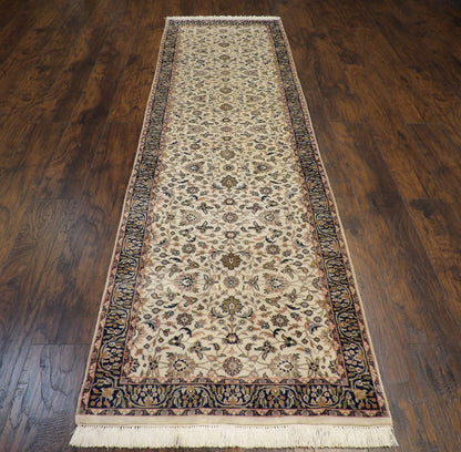 Close-up of wool pile, blue and ivory runner