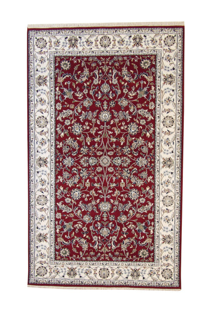 Traditional Fine Nain hand-knotted wool rug in Beige & Red, full view