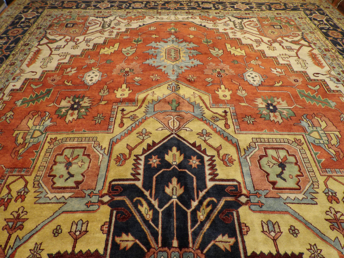 Wool texture close-up, blue and rust Sherapi rug