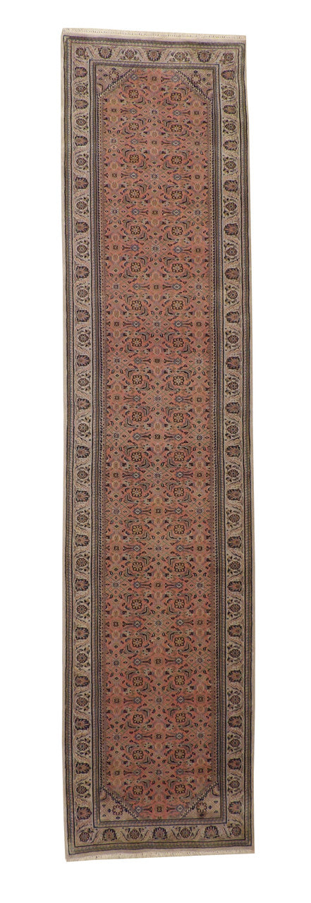 Traditional Fine Mashad hand-knotted wool rug in Pink, full view