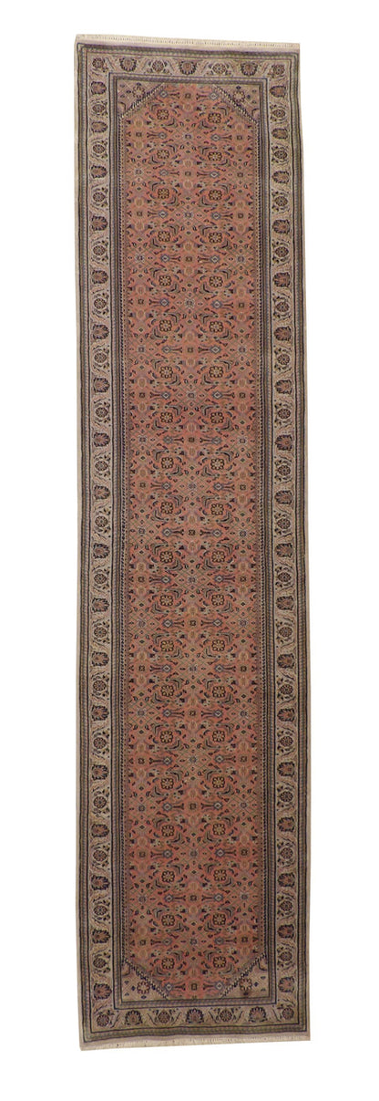 Traditional Fine Mashad hand-knotted wool rug in Pink, full view