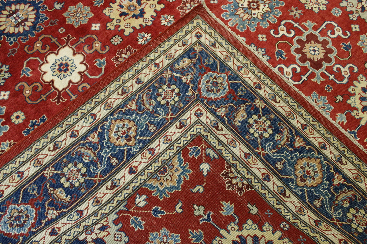 Tribal Super Kazak hand-knotted wool rug in Blue & Red, full view
