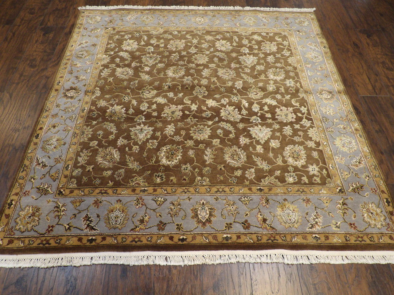 Close-up of wool-silk pile, Blue & Brown rug