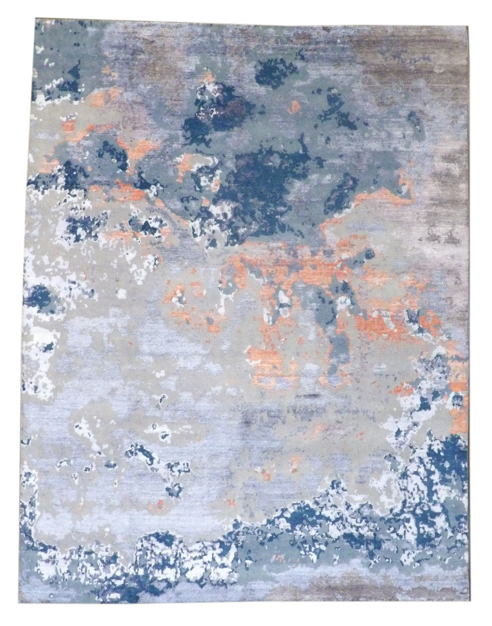 Modern Abstract Ocean Design hand-knotted wool-silk rug in Gray & Teal, full view