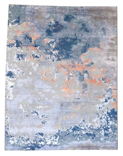 Modern Abstract Ocean Design hand-knotted wool-silk rug in Gray & Teal, full view
