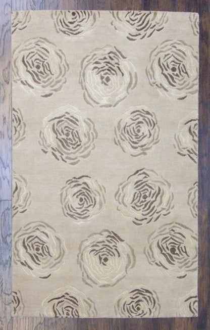 Transitional rose design hand-knotted wool-silk rug in brown and beige, full view