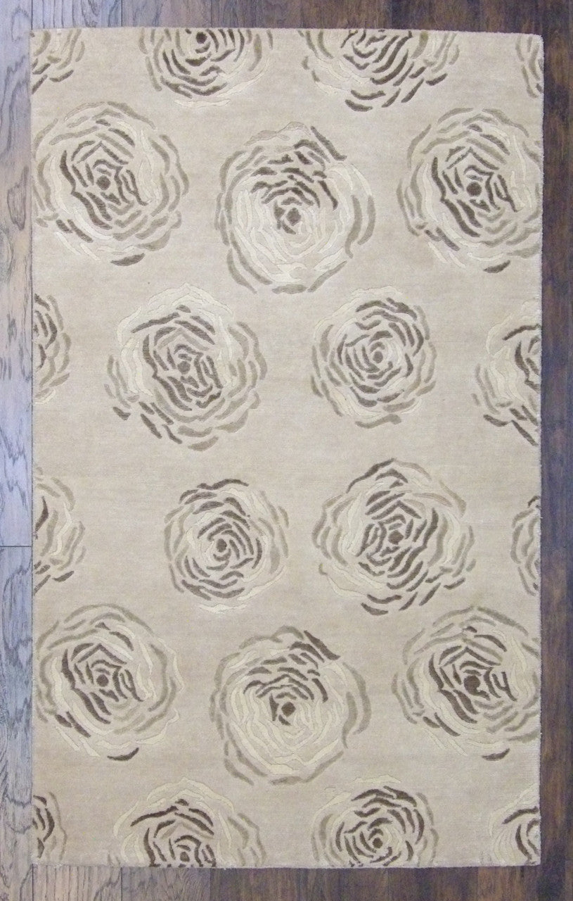 Transitional rose design hand-knotted wool-silk rug in brown and beige, full view