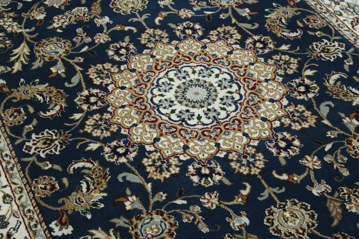 Close-up of wool-silk pile, Blue & Beige rug