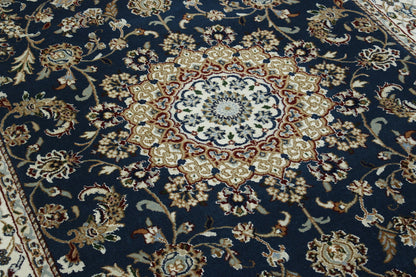 Close-up of wool-silk pile, Blue & Beige rug