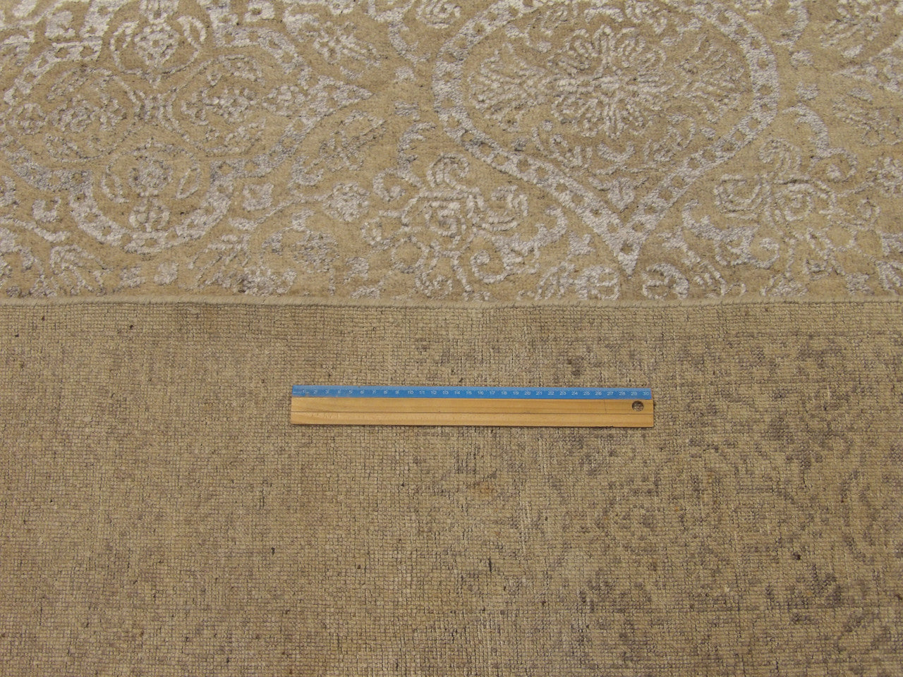 Gray & Beige Transitional Abstract Oxidized Damask Design rug in room setting