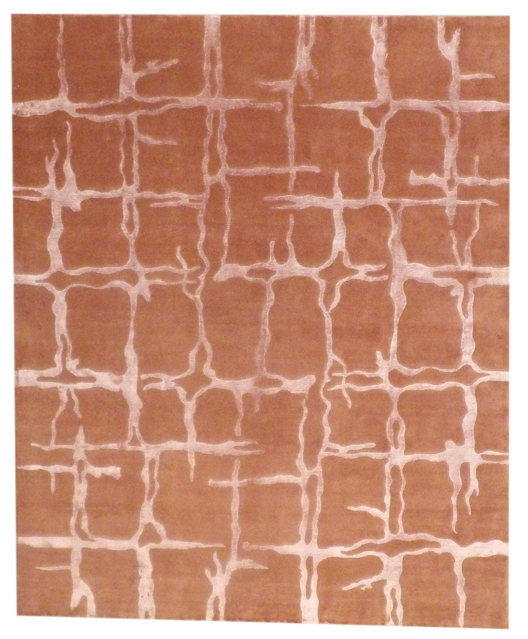 Modern wave design hand-knotted wool-silk rug in rust, full view