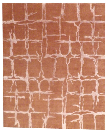 Modern wave design hand-knotted wool-silk rug in rust, full view