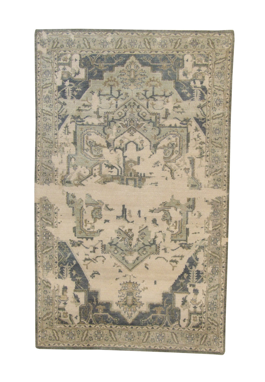 Transitional Broken Heriz Design hand-knotted wool rug in Green & Beige, full view