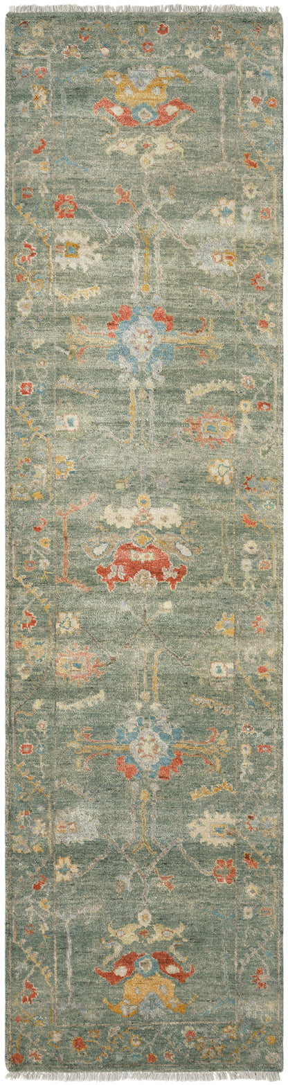 Transitional wool-silk rug in green, corner detail