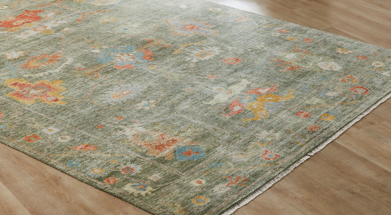 Round shape option, transitional wool-silk rug in green