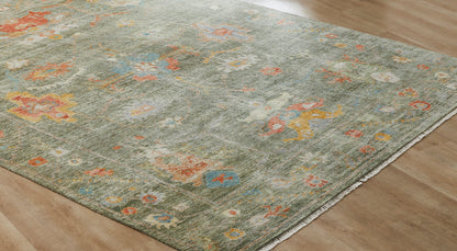 Round shape option, transitional wool-silk rug in green