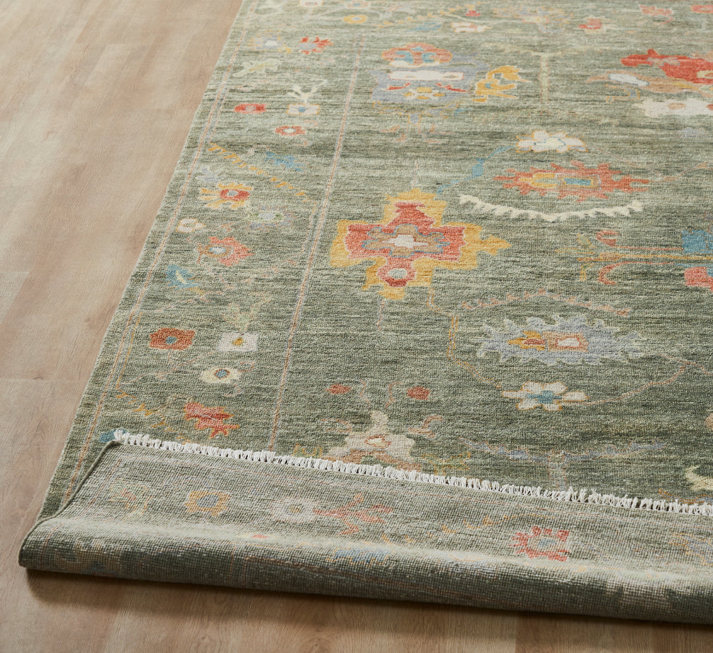Square shape option, transitional wool-silk rug in green