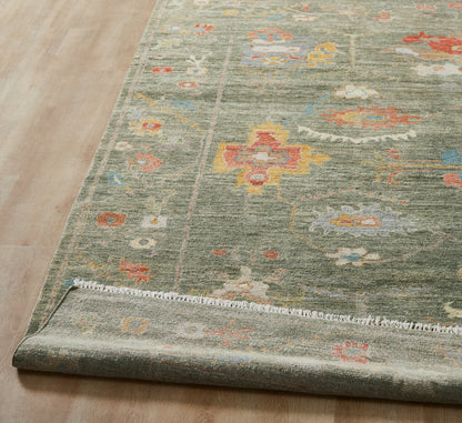 Square shape option, transitional wool-silk rug in green