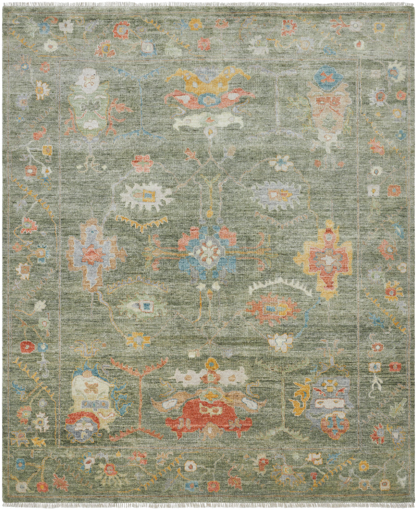 Transitional hand-knotted wool-silk rug in green, full view