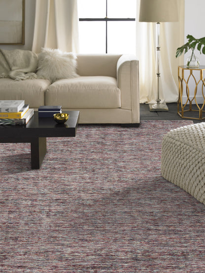 Purple and gray transitional silk rug in room setting