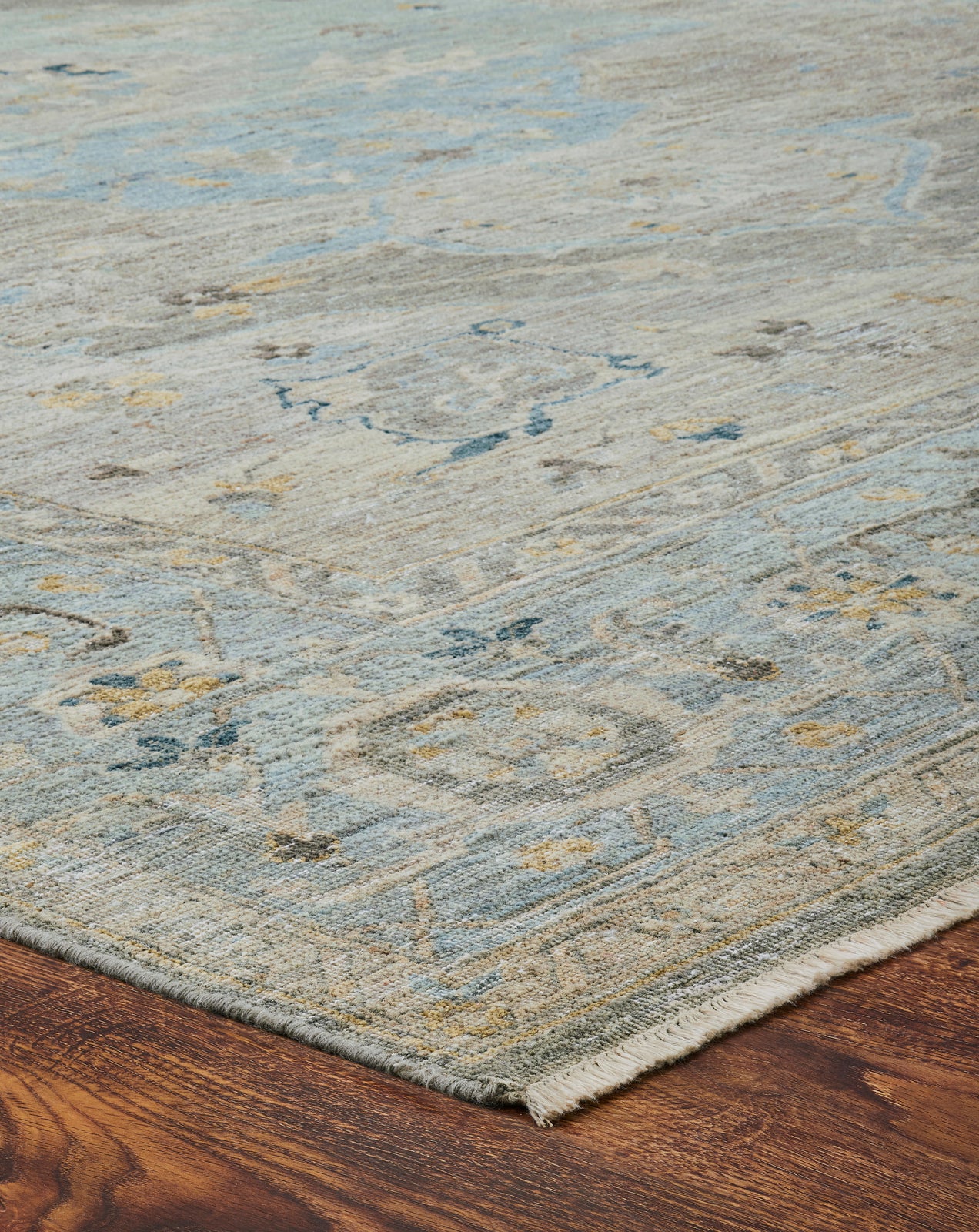 Rectangle shape option, transitional wool rug in gray and blue
