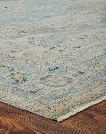 Rectangle shape option, transitional wool rug in gray and blue