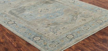 Round shape option, transitional wool rug in gray and blue