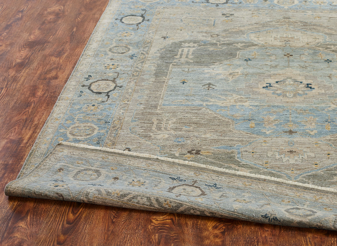 Square shape option, transitional wool rug in gray and blue