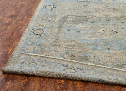 Square shape option, transitional wool rug in gray and blue
