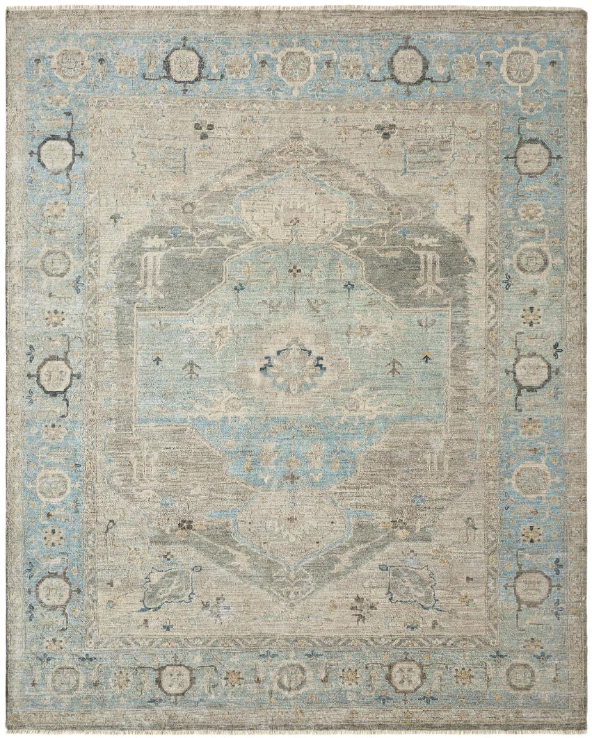 Transitional hand-knotted wool rug in gray and blue, full view