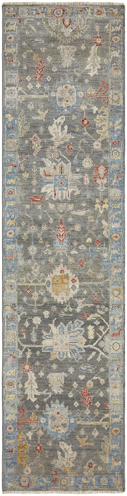 Corner detail, transitional wool rug in black and blue