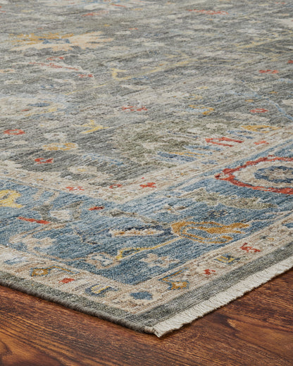 Rectangle shape option, transitional wool rug in black and blue