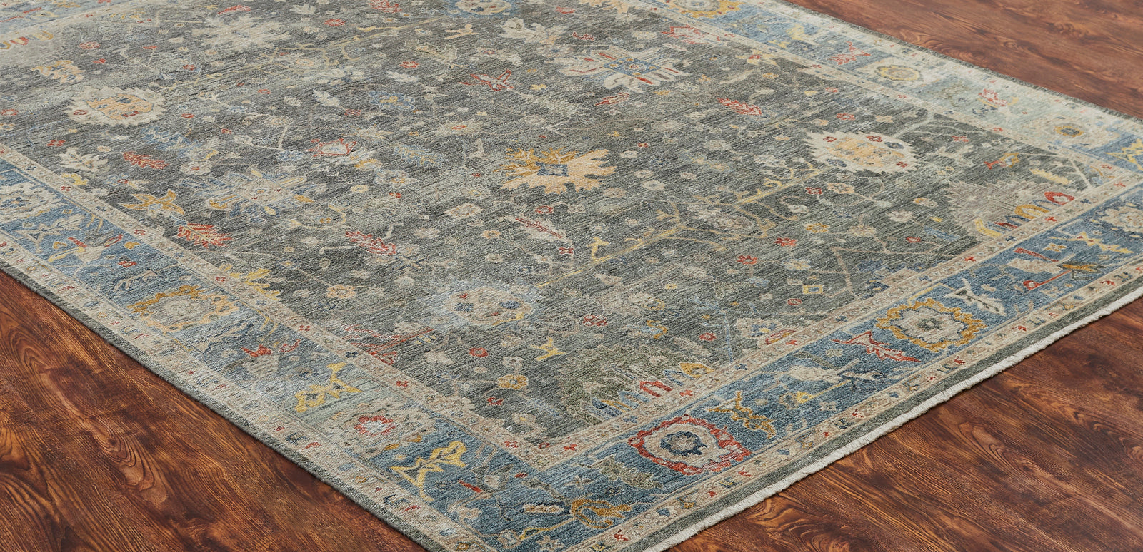 Round shape option, transitional wool rug in black and blue