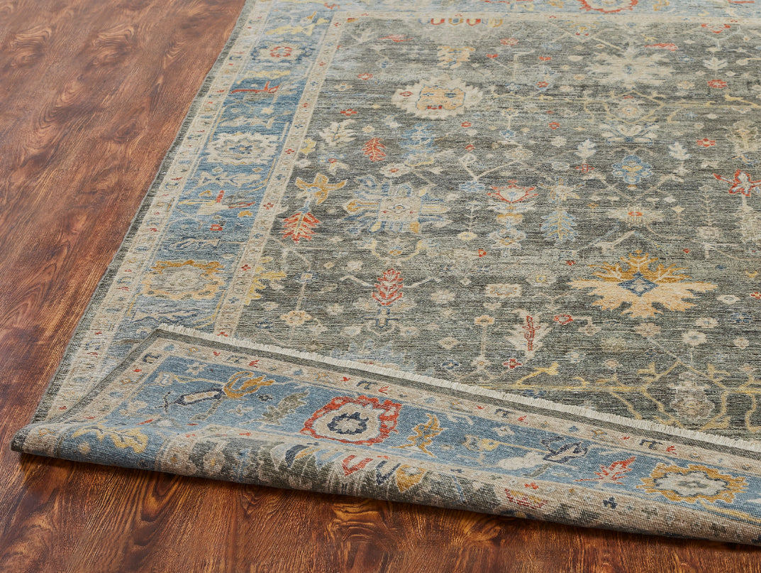 Square shape option, transitional wool rug in black and blue