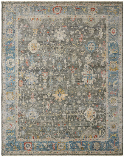 Transitional hand-knotted wool rug in black and blue, full view