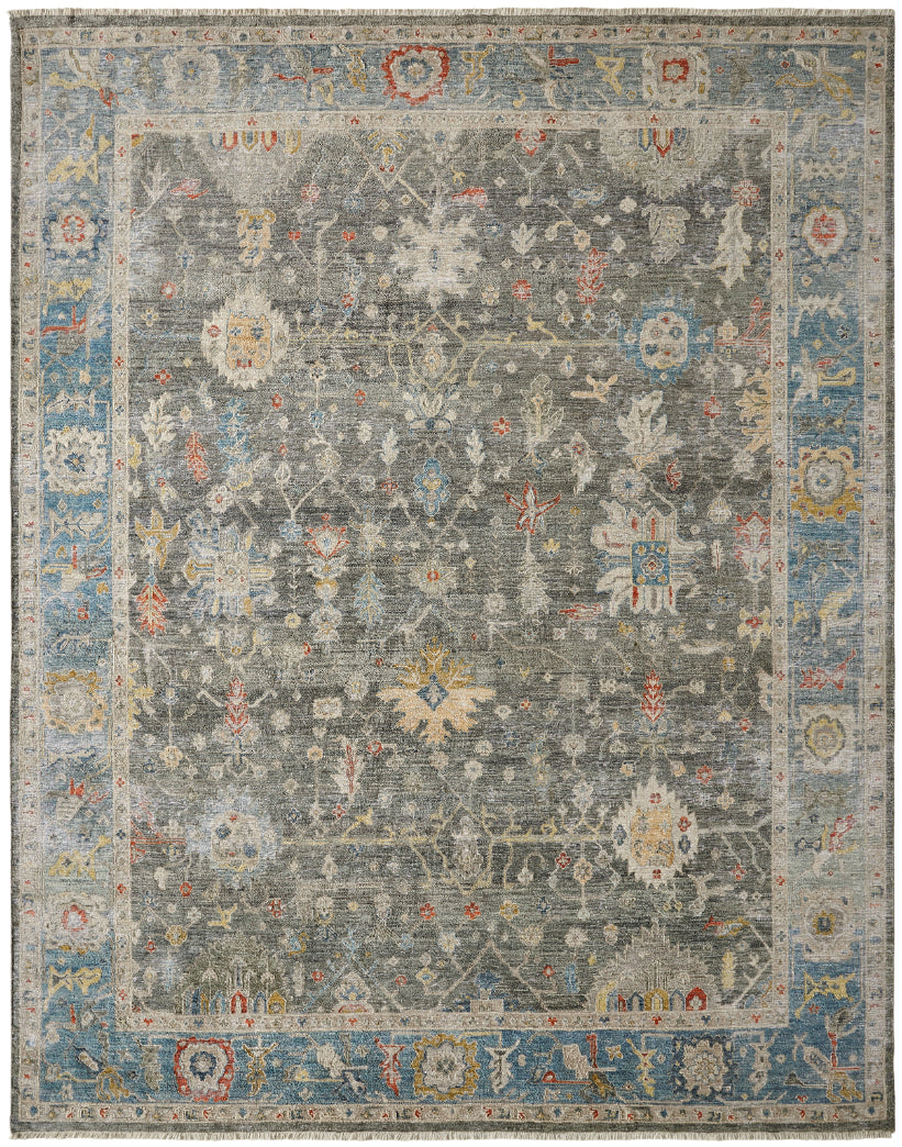 Transitional hand-knotted wool rug in black and blue, full view