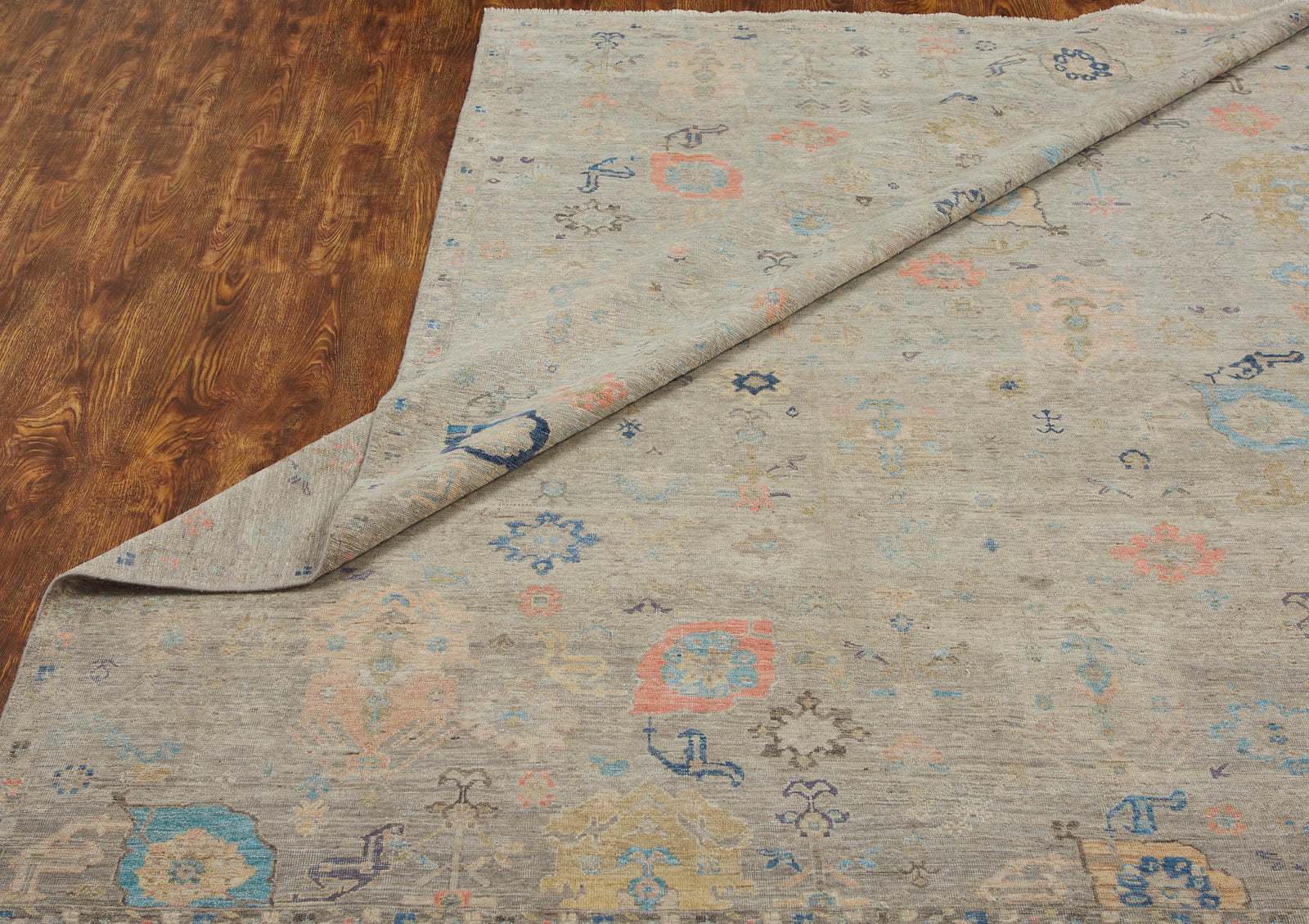 Additional detail view, transitional wool rug in gray and beige