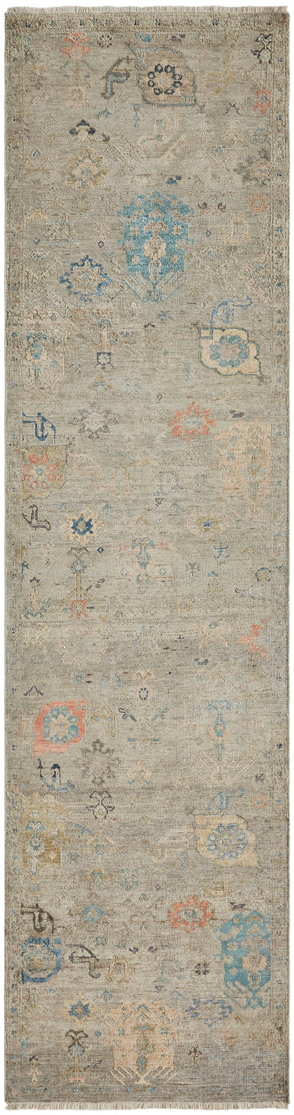 Corner detail, transitional wool rug in gray and beige