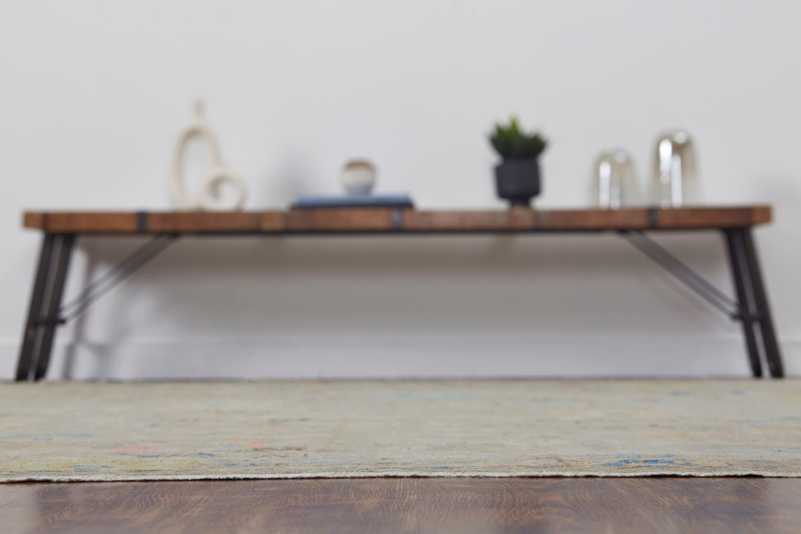 Gray and beige transitional wool rug in room setting