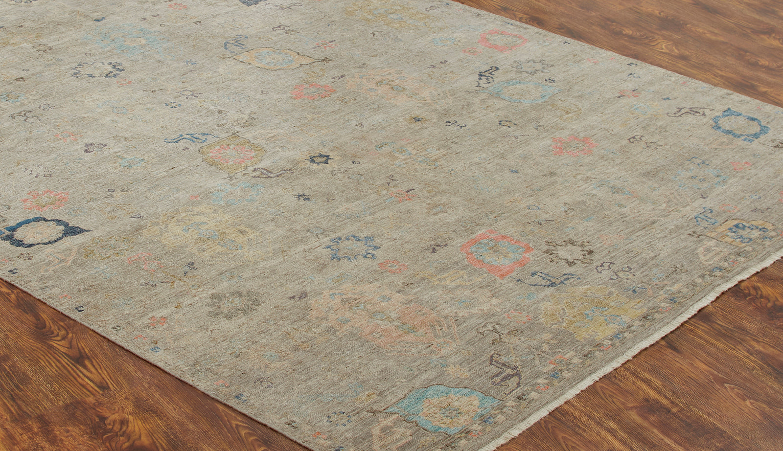 Round shape option, transitional wool rug in gray and beige