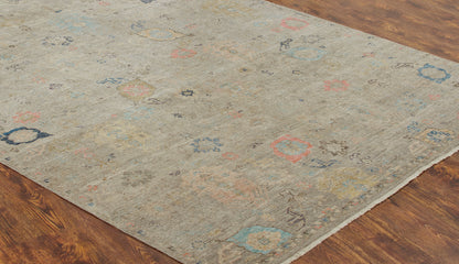 Round shape option, transitional wool rug in gray and beige