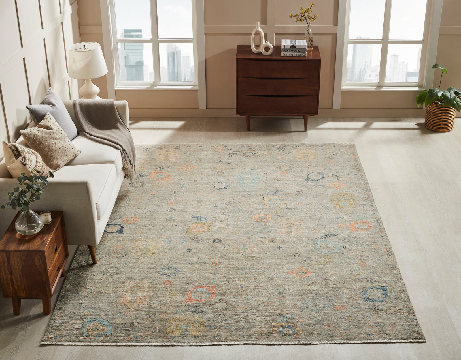Square shape option, transitional wool rug in gray and beige